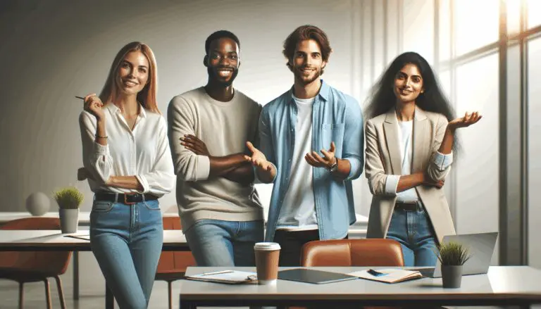 Equipo de emprendedores colaborando en un espacio de coworking moderno