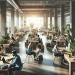 Vista panorámica de emprendedores trabajando en un coworking moderno con plantas y luz natural