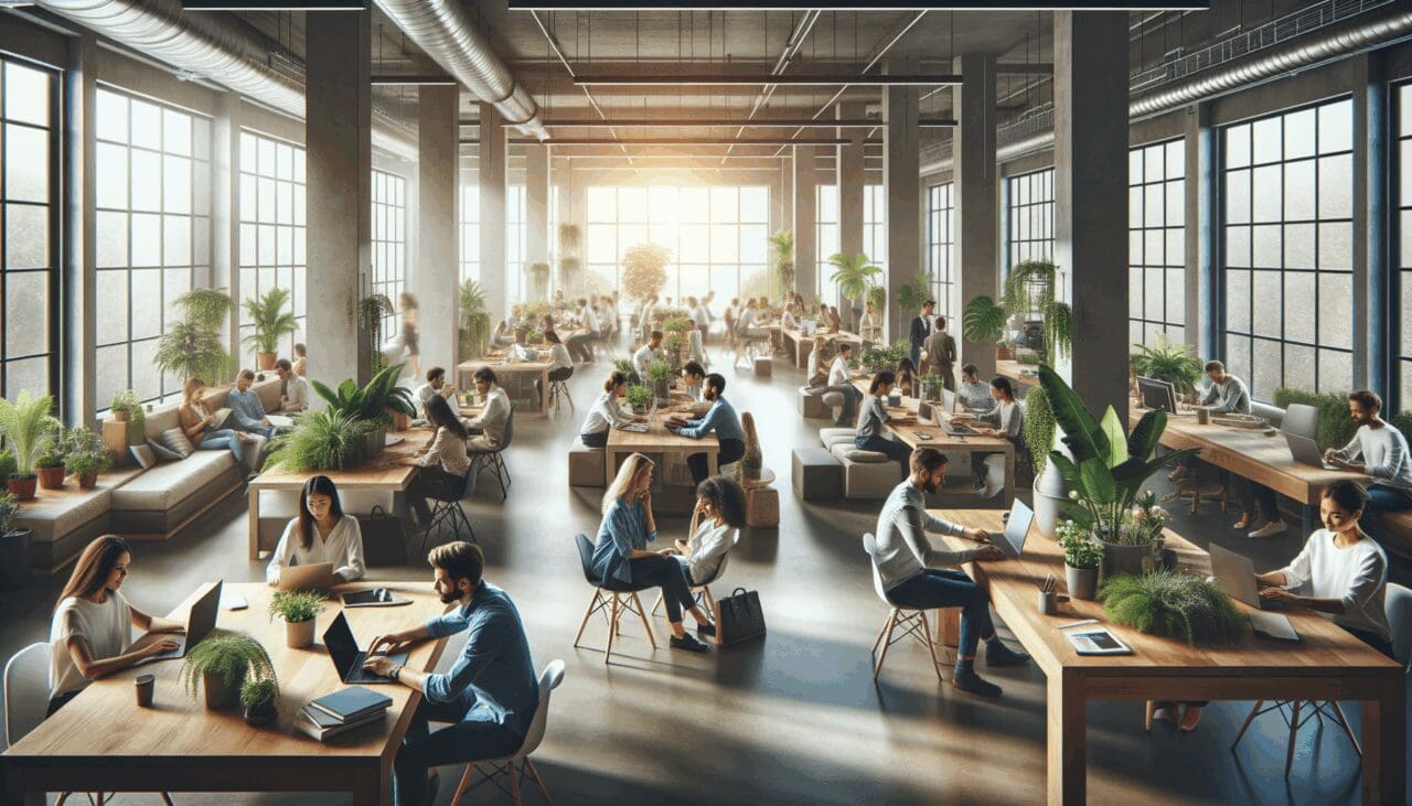 Vista panorámica de emprendedores trabajando en un coworking moderno con plantas y luz natural