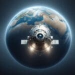 Cápsula espacial descendiendo hacia la Tierra sobre un fondo azul planetario