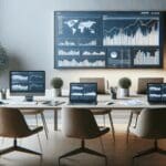 Mesa de trabajo moderna con laptops y gráficos financieros sobre una mesa