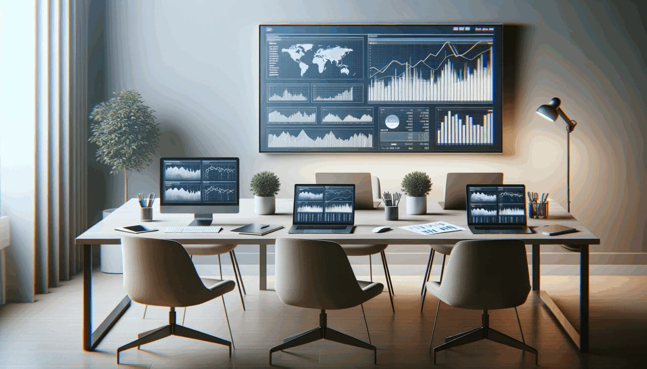 Mesa de trabajo moderna con laptops y gráficos financieros sobre una mesa