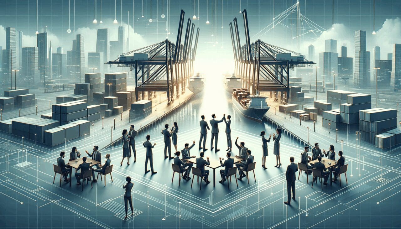 Colaboración entre empresas e innovadores en un entorno portuario moderno