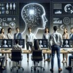 Equipo de emprendedores trabajando frente a pantallas con algoritmos de inteligencia artificial en una oficina moderna