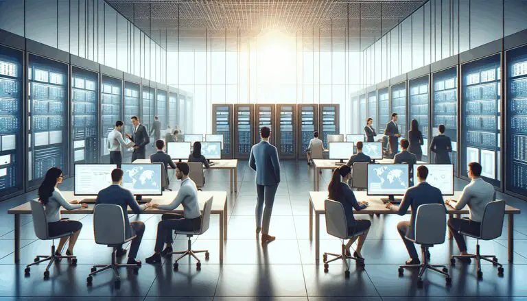 Equipo profesional trabajando en un espacio de tecnología moderna con pantallas y servidores
