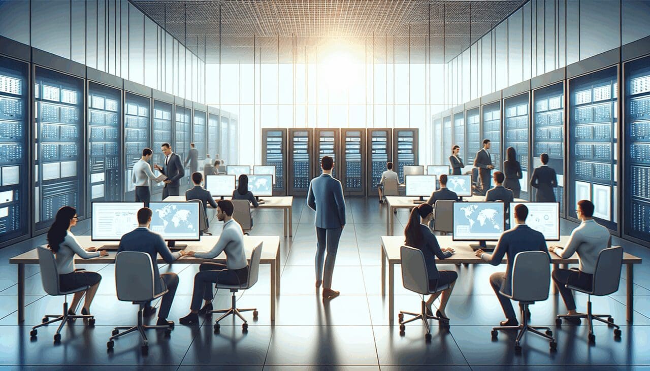 Equipo profesional trabajando en un espacio de tecnología moderna con pantallas y servidores