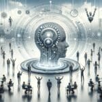 Representación abstracta de inteligencia artificial con elementos tecnológicos en un entorno corporativo