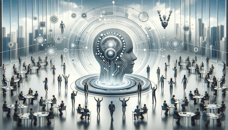 Representación abstracta de inteligencia artificial con elementos tecnológicos en un entorno corporativo