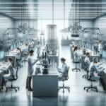 Laboratorio con equipos de alta tecnología y científicos trabajando en investigaciones avanzadas.