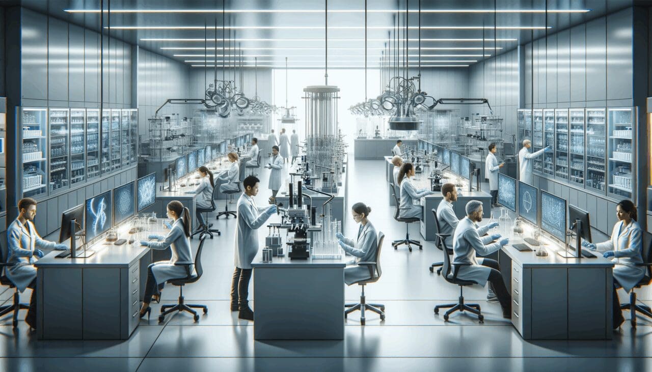 Laboratorio con equipos de alta tecnología y científicos trabajando en investigaciones avanzadas.
