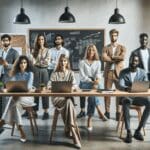 Grupo de emprendedores reunidos en un espacio de coworking moderno con laptops y pizarras