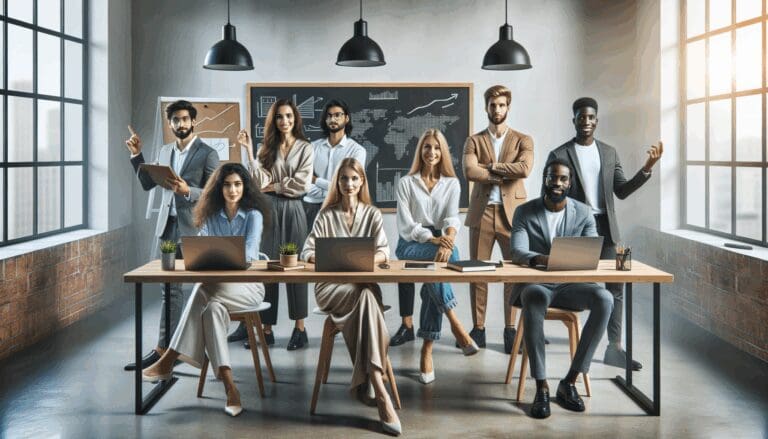 Grupo de emprendedores reunidos en un espacio de coworking moderno con laptops y pizarras