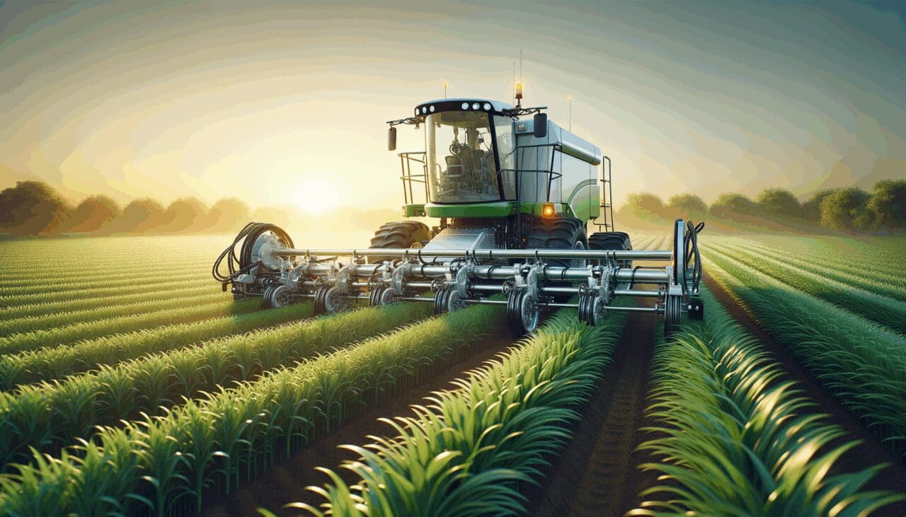 Dispositivo agrícola avanzado instalado en un campo de cultivo verde al atardecer