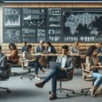 Personas trabajando en laptops en un espacio de coworking moderno con pantallas mostrando datos y gráficos tecnológicos