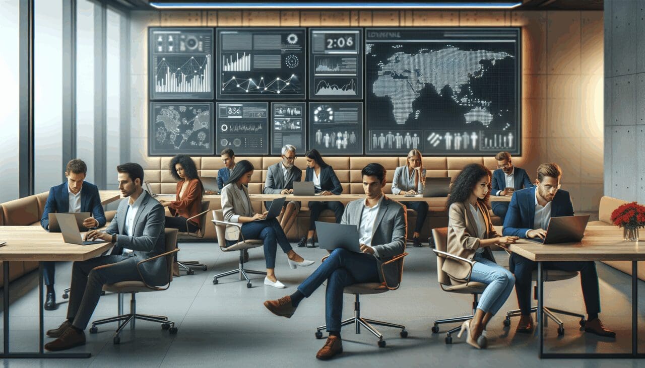 Personas trabajando en laptops en un espacio de coworking moderno con pantallas mostrando datos y gráficos tecnológicos