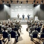 Emprendedores presentando pitch en un auditorio moderno y lleno de público en un evento de tecnología