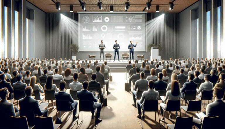Emprendedores presentando pitch en un auditorio moderno y lleno de público en un evento de tecnología