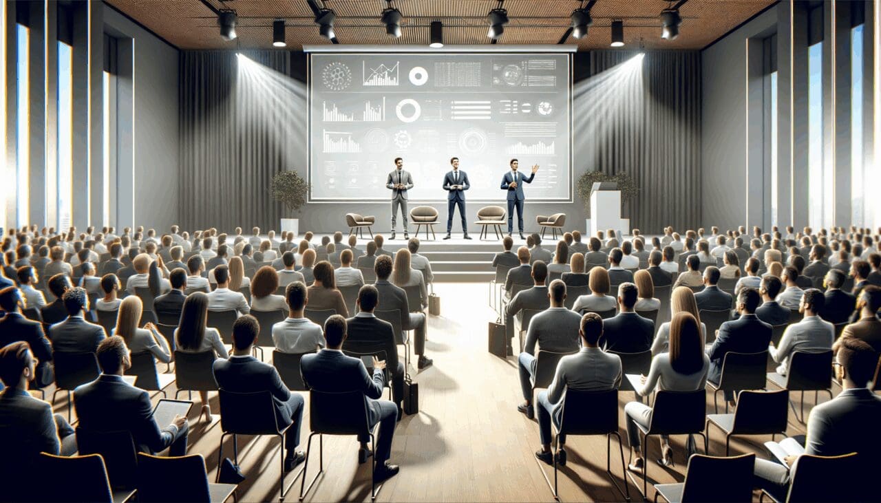 Emprendedores presentando pitch en un auditorio moderno y lleno de público en un evento de tecnología