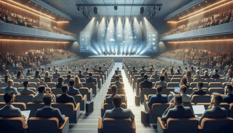 Auditorio lleno de emprendedores y líderes tecnológicos en una conferencia innovadora