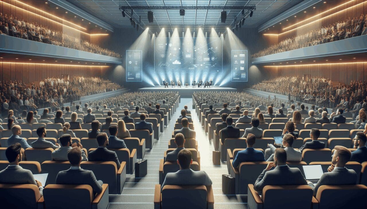 Auditorio lleno de emprendedores y líderes tecnológicos en una conferencia innovadora