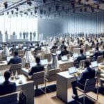 Sala de conferencias llena de asistentes interactuando con tecnología avanzada en un evento corporativo.