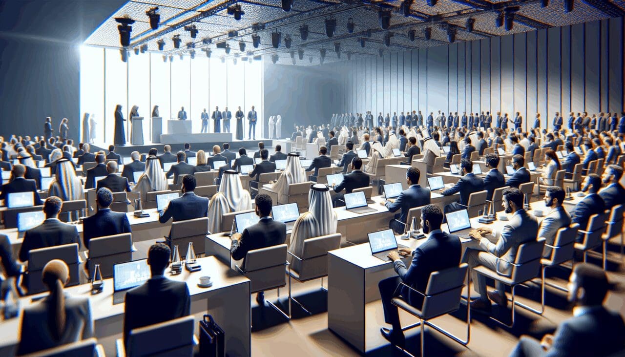 Sala de conferencias llena de asistentes interactuando con tecnología avanzada en un evento corporativo.