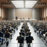 Auditorio moderno con emprendedores escuchando a un conferencista en el escenario