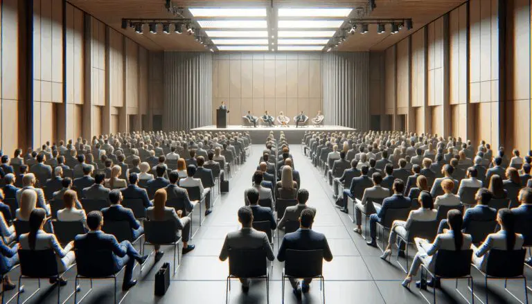 Auditorio moderno con emprendedores escuchando a un conferencista en el escenario