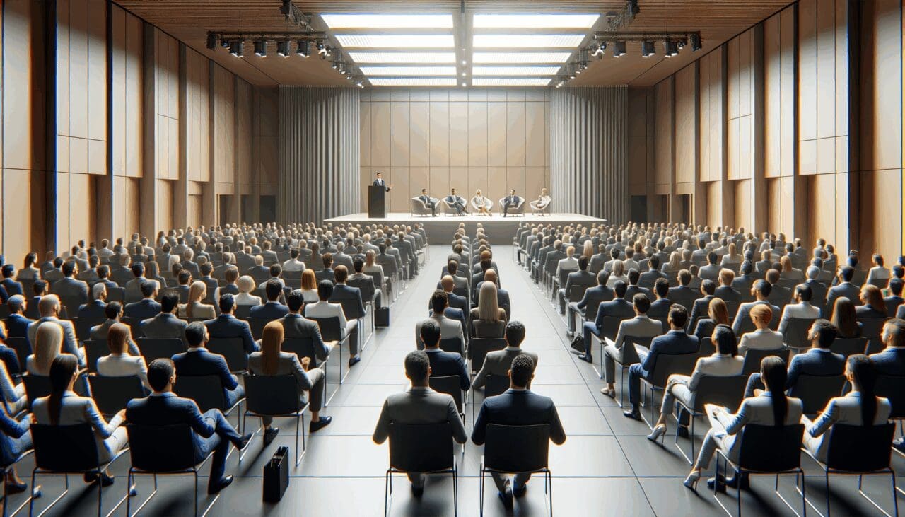 Auditorio moderno con emprendedores escuchando a un conferencista en el escenario