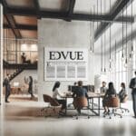 Oficina moderna con equipo creativo colaborando en un espacio con decoración vanguardista