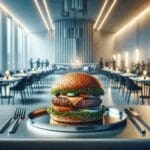 Una hamburguesa gourmet sobre una mesa con fondo moderno y desenfocado.