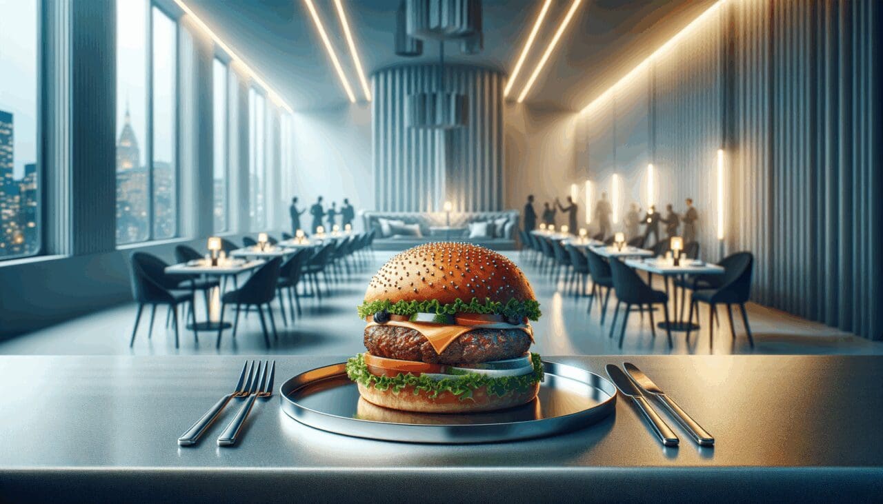 Una hamburguesa gourmet sobre una mesa con fondo moderno y desenfocado.