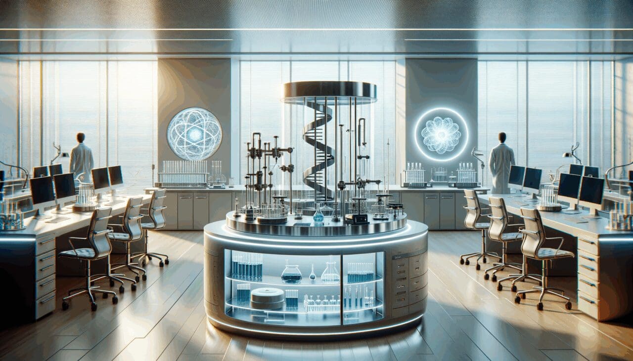 Laboratorio moderno con equipo científico trabajando en soluciones biotecnológicas