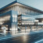 Fachada moderna de un aeropuerto con tecnología digital visible