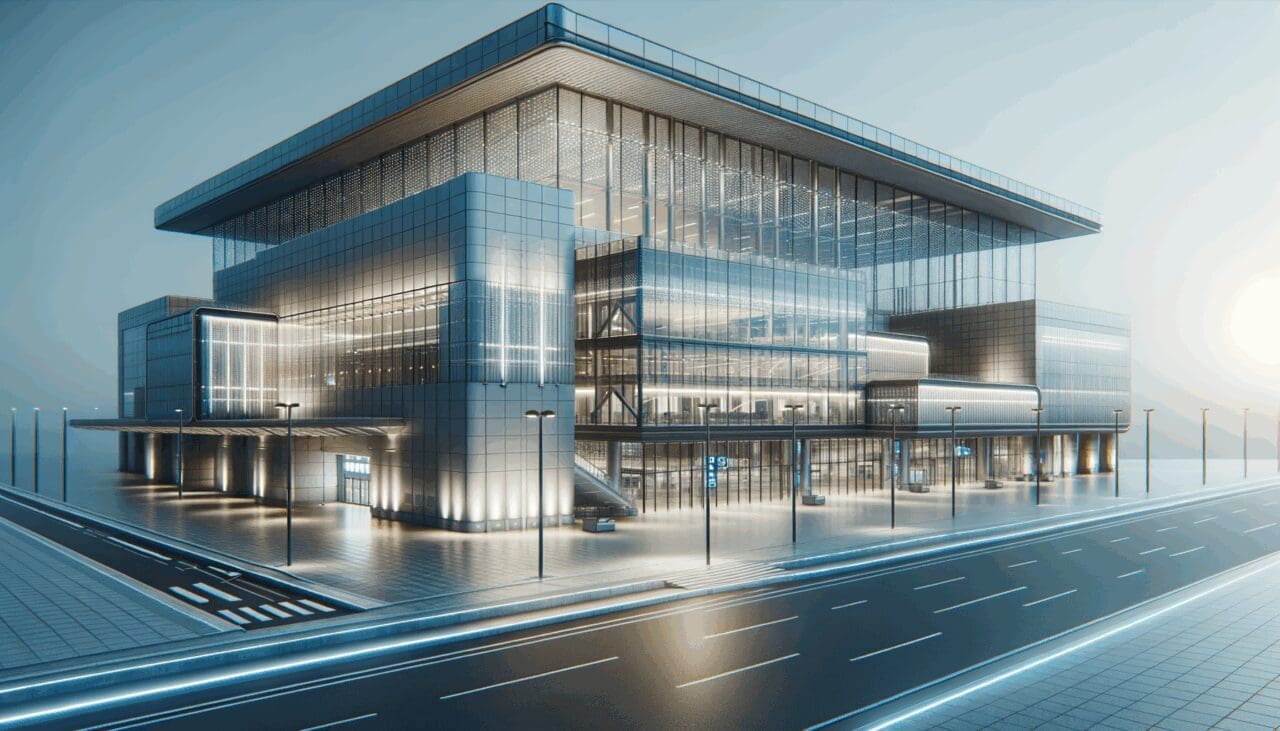 Fachada moderna de un aeropuerto con tecnología digital visible