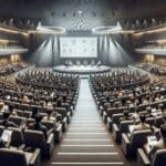 Auditorio moderno con público asistiendo a una conferencia de tecnología