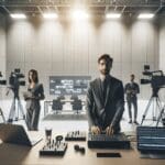 Equipo de producción audiovisual trabajando con herramientas digitales en un estudio moderno