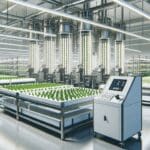 Interior de una moderna planta acuícola con equipos automatizados