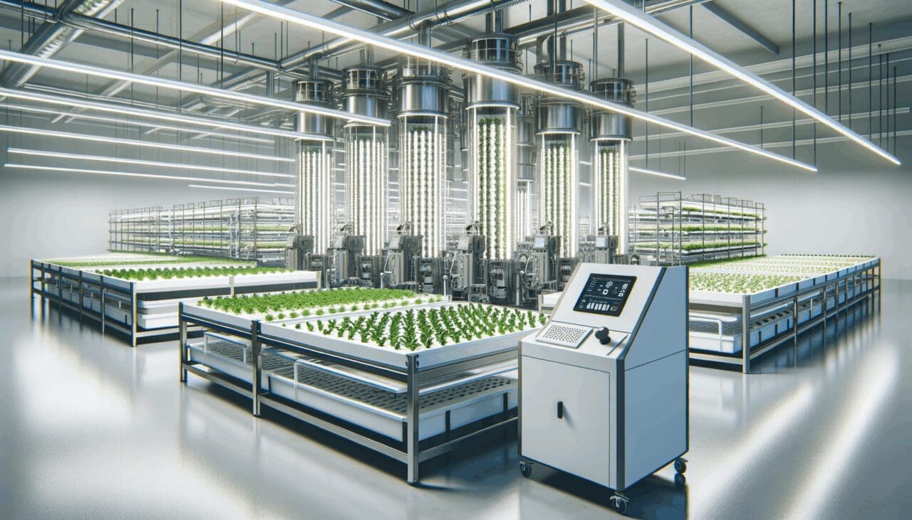 Interior de una moderna planta acuícola con equipos automatizados