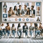 Estudiantes y profesionales jóvenes participando en una videollamada tecnológica