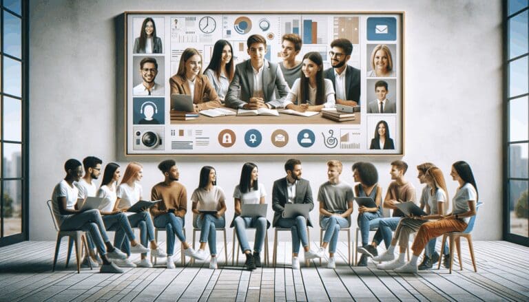 Estudiantes y profesionales jóvenes participando en una videollamada tecnológica