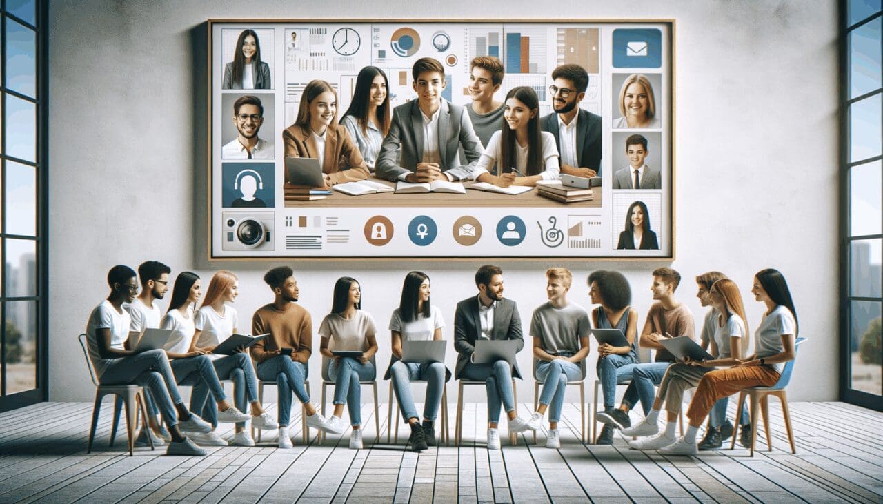 Estudiantes y profesionales jóvenes participando en una videollamada tecnológica