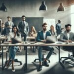 Emprendedores trabajando en una oficina moderna con laptops y pizarras