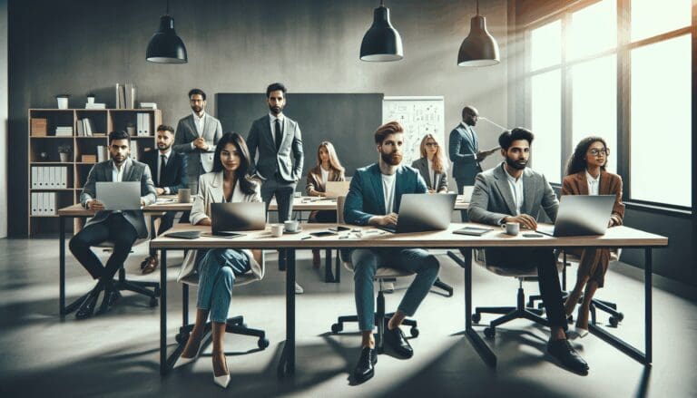 Emprendedores trabajando en una oficina moderna con laptops y pizarras