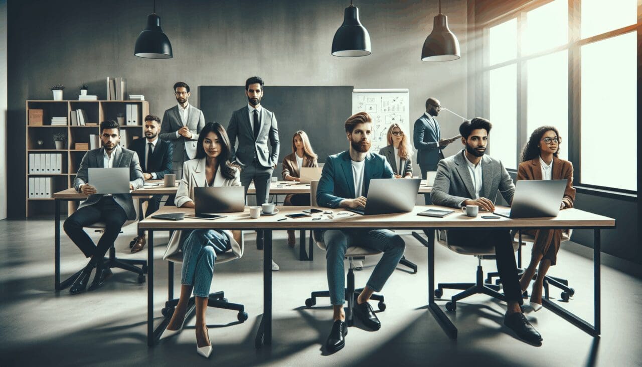 Emprendedores trabajando en una oficina moderna con laptops y pizarras