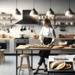 Chef preparando empanadas en una cocina moderna con ambiente emprendedor