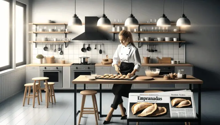 Chef preparando empanadas en una cocina moderna con ambiente emprendedor