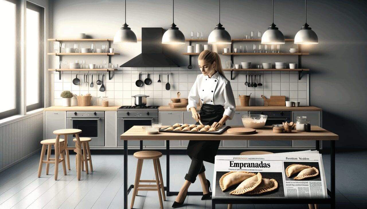 Chef preparando empanadas en una cocina moderna con ambiente emprendedor
