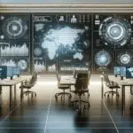 Oficinas tecnológicas futuristas con pantallas de inteligencia artificial y gráficos de inversión