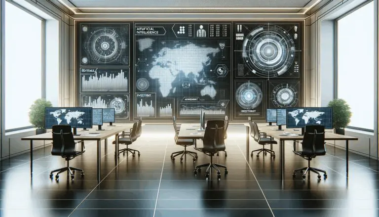 Oficinas tecnológicas futuristas con pantallas de inteligencia artificial y gráficos de inversión